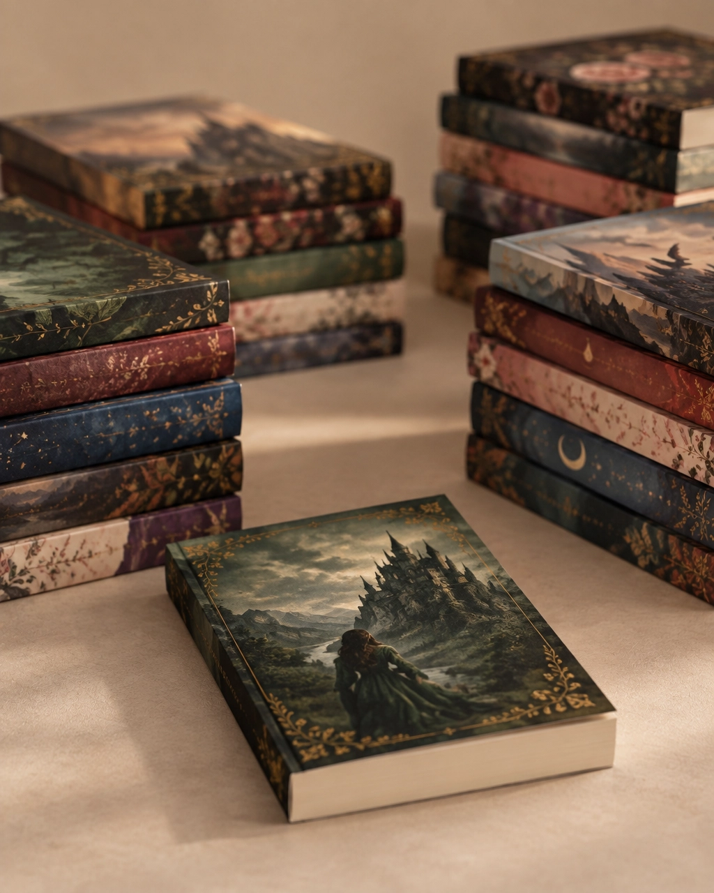 Several stacks of indie fantasy and romantasy books, with one carefully chosen title placed in focus