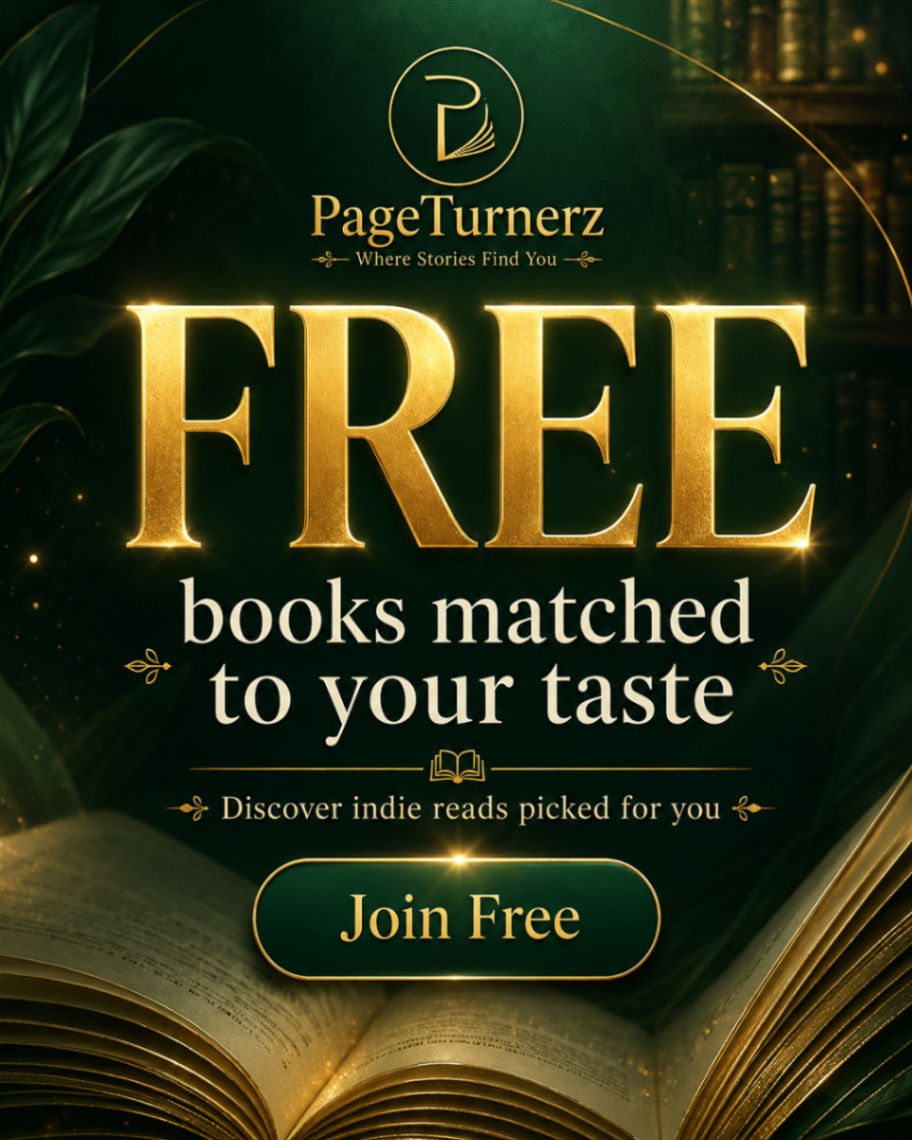 A dark green PageTurnerz book graphic with a glowing open book and the message “Free books matched to your taste”