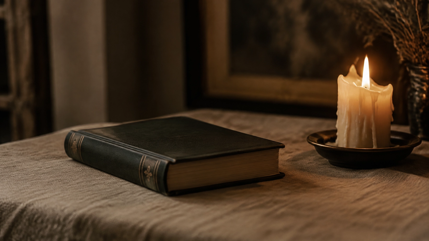 A single closed dark-bound book on a linen surface beside a dying candle in a shadowed study
