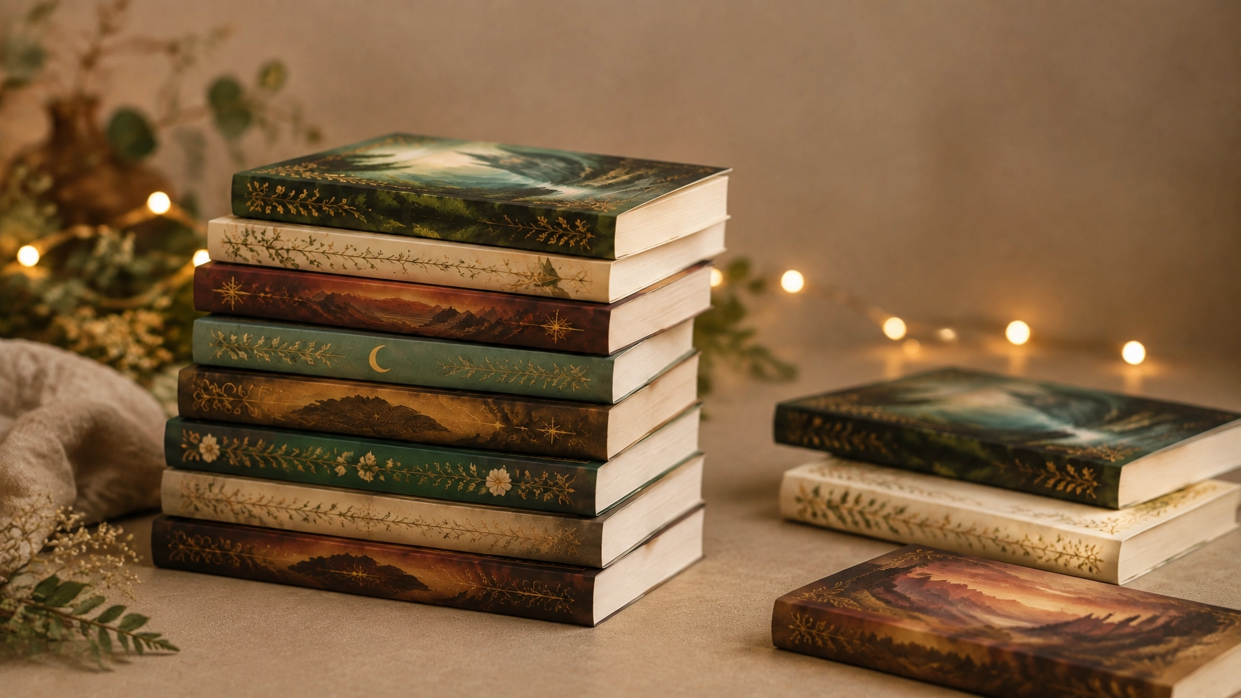 A carefully selected stack of indie fantasy and romantasy books surrounded by softly glowing fairy lights