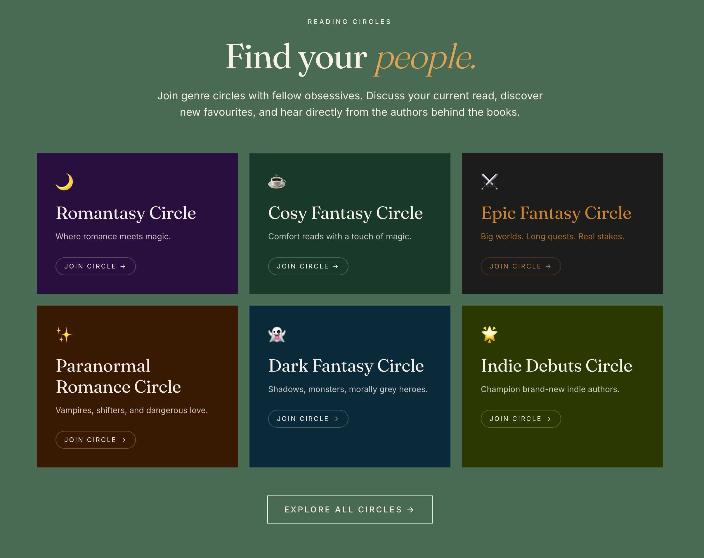 Warm book-themed PageTurnerz genre circles graphic showing cosy reader communities