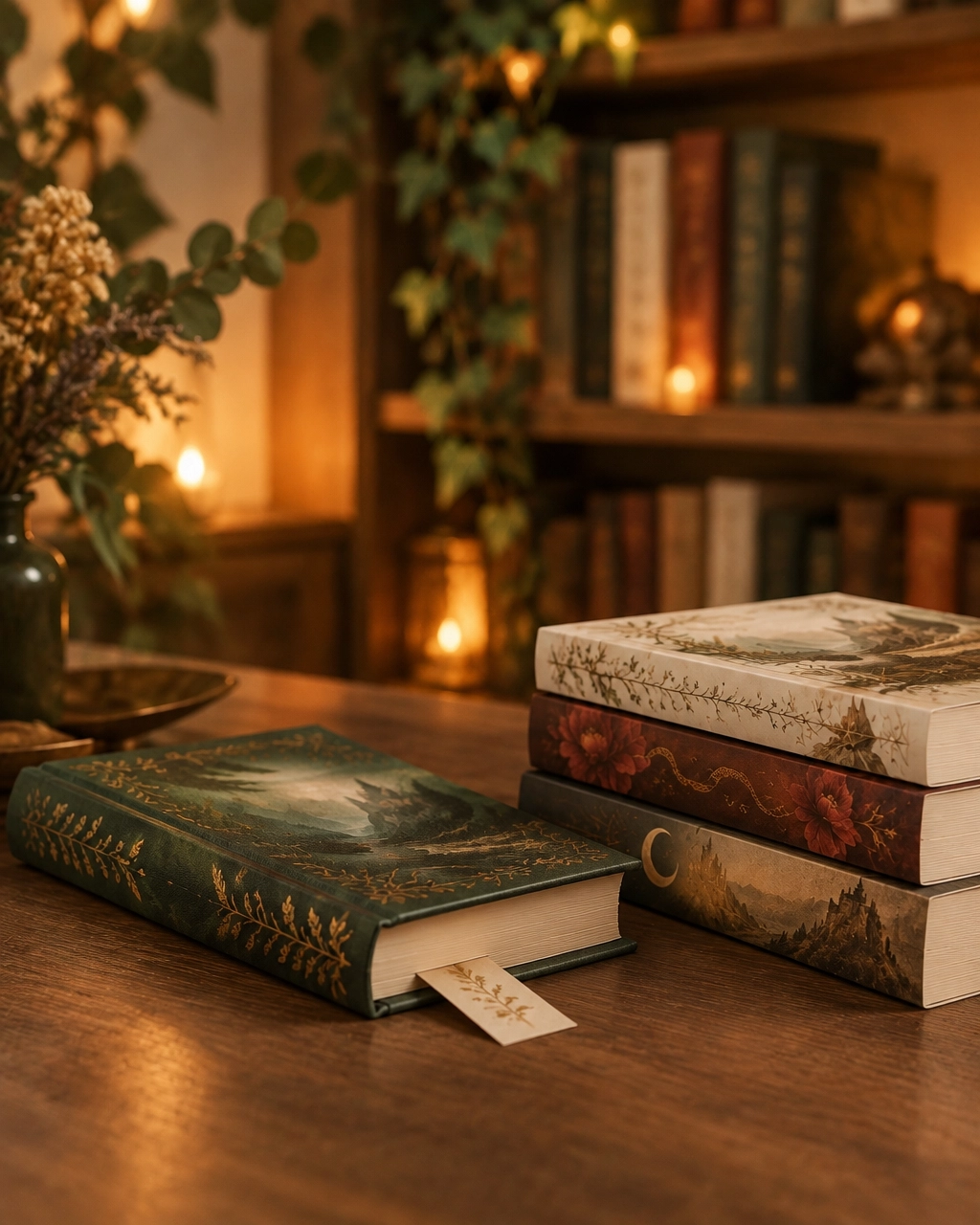 Closed emerald-green hardback beside stacked paperbacks and a softly glowing bookshelf