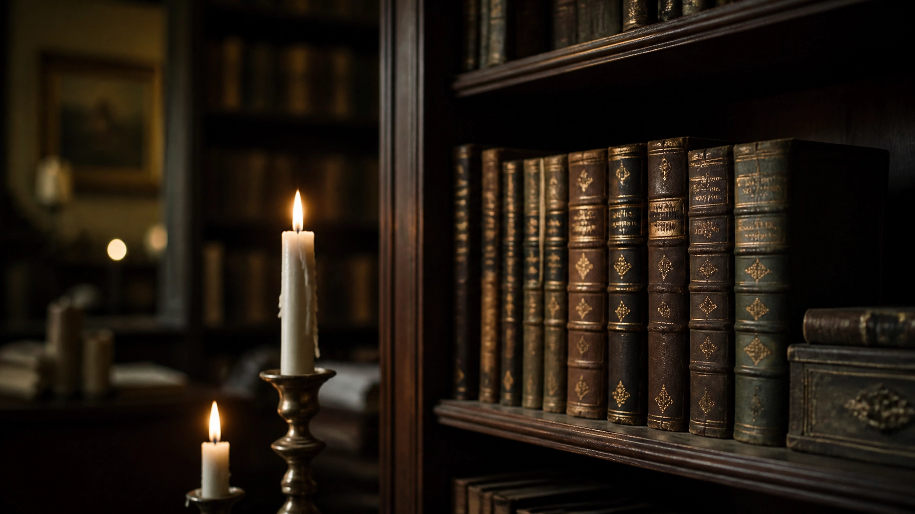 A dimly lit fantasy library with dark wood shelves and warm candlelight