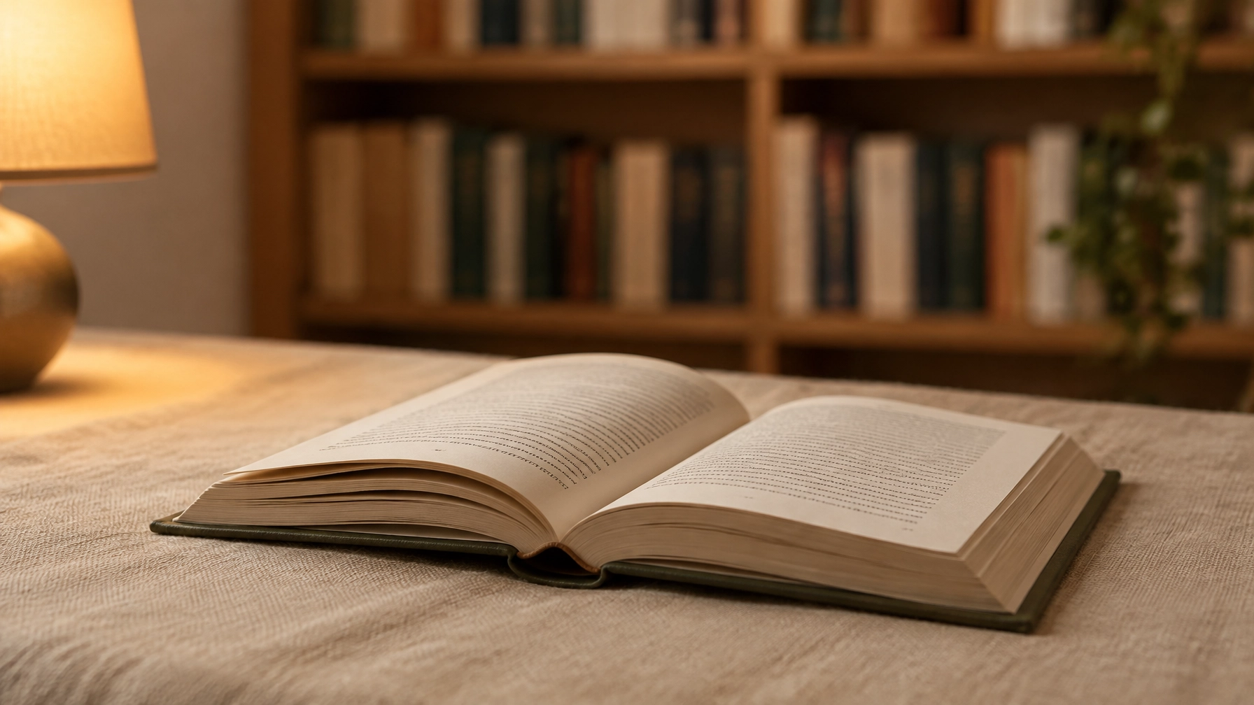 Single open hardback resting on a linen surface beneath warm lamplight with a softly blurred bookshelf in the distance